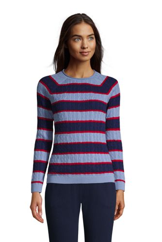 Women's Fine Gauge Cotton Cable Rolled Crew Neck Sweater