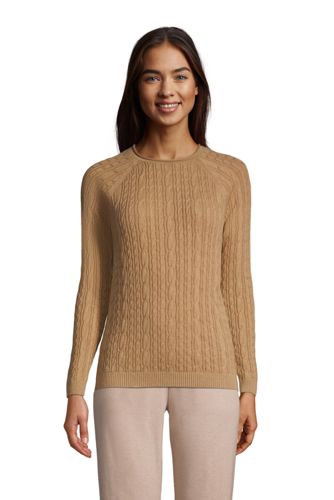 Women's Fine Gauge Cotton Cable Rolled Crew Neck Sweater 
