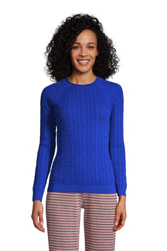 Fine Gauge Cotton Cable Rolled Crew Neck Sweater, Women, Size: 10-12 Regular, Blue, by Lands’ End