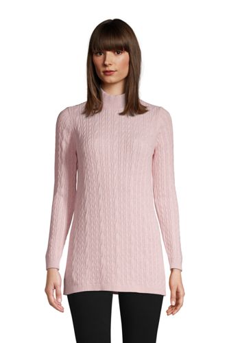 Cotton Cable Polo Neck Tunic Jumper, Women, Size: 16-18 Petite, Pink, by Lands’ End