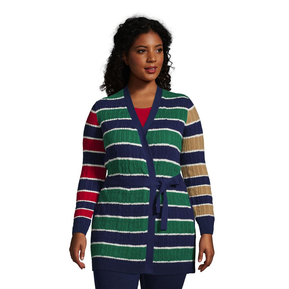 Women s Plus Size Fine Gauge Cotton Cable Tie Front Cardigan