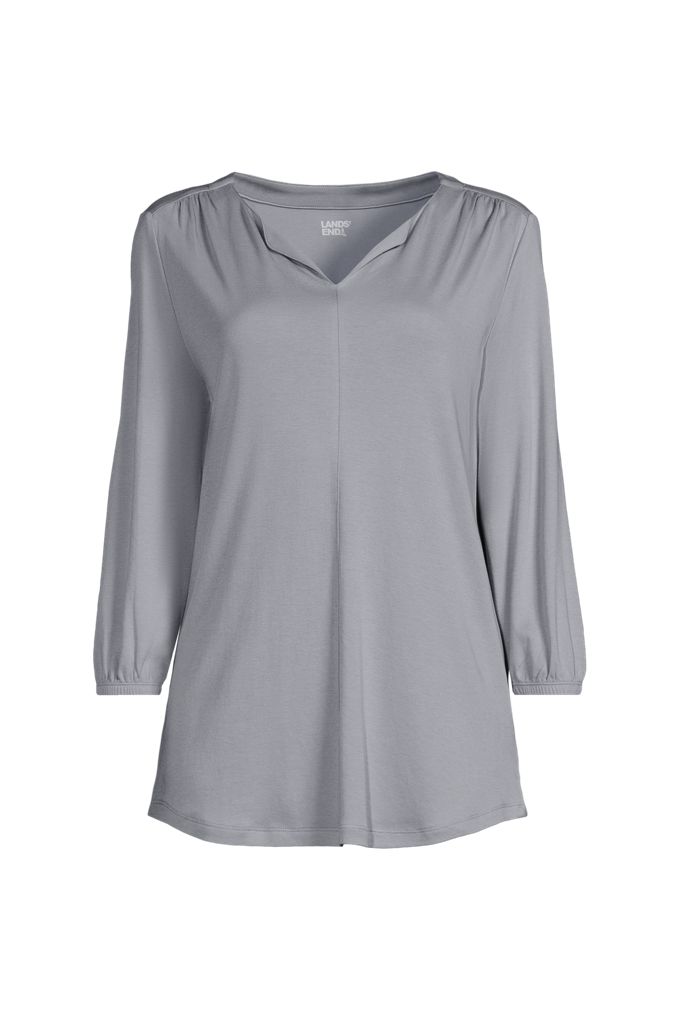 Lands' End School Uniform Women's Plus Size Supima Micro Modal 3/4 Sleeve Split Neck Tunic In Gray