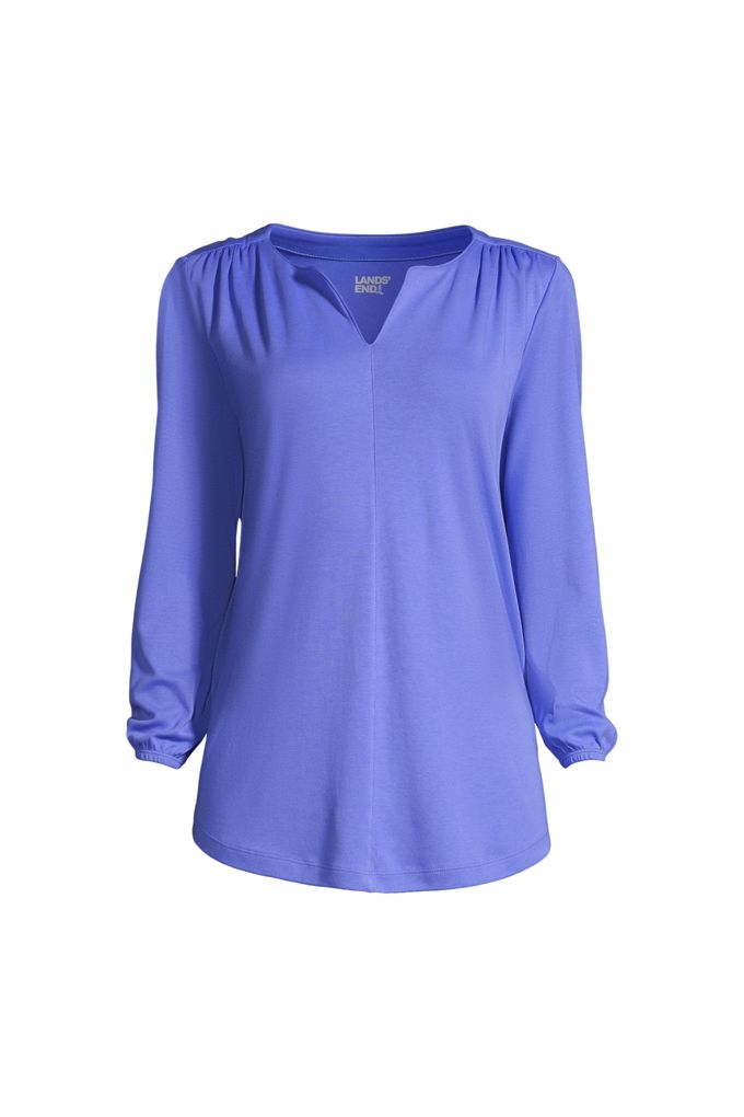 Lands' End School Uniform Women's Plus Size Supima Micro Modal 3/4 Sleeve Split Neck Tunic In Blue