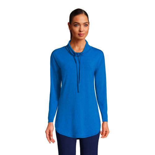 Apana Women's Yoga Top Long Sleeve Size Medium Blue Cowl Neck Soft Knit