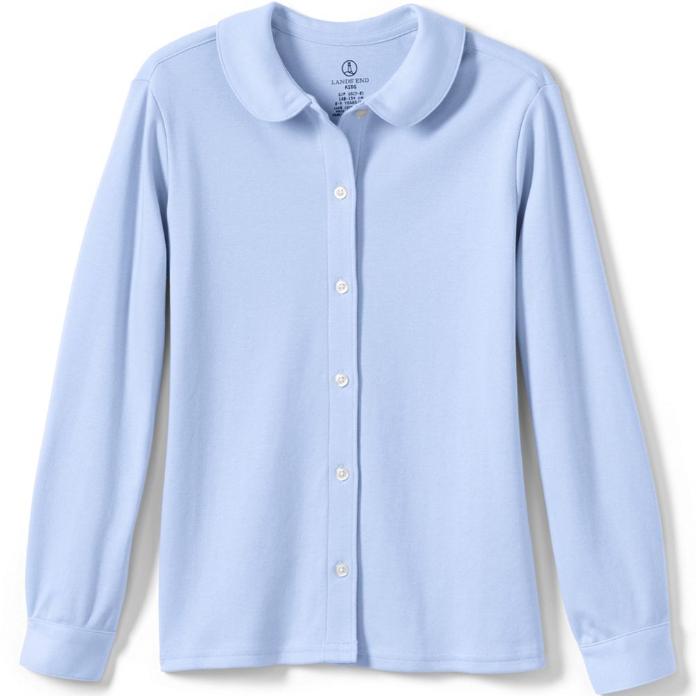 School Uniform Girls Long Sleeve Button Front Peter Pan Collar Knit Shirt