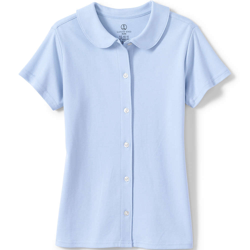 Lands' End School Uniform Girls Short Sleeve Button Front Peter Pan Collar Knit Shirt 