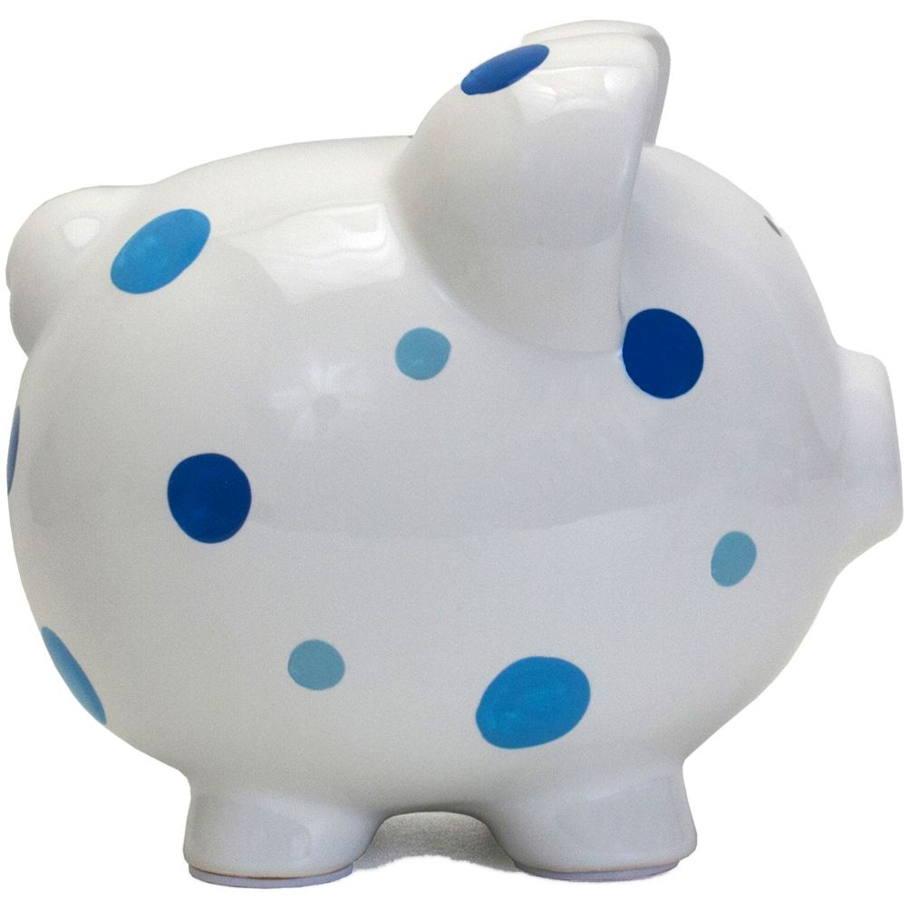 Dot piggy bank in earthenware with pink accents.