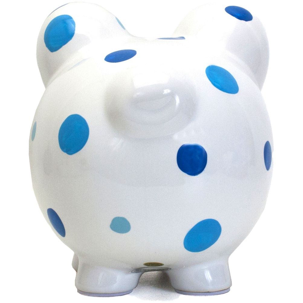 Dot piggy bank in earthenware with pink accents.