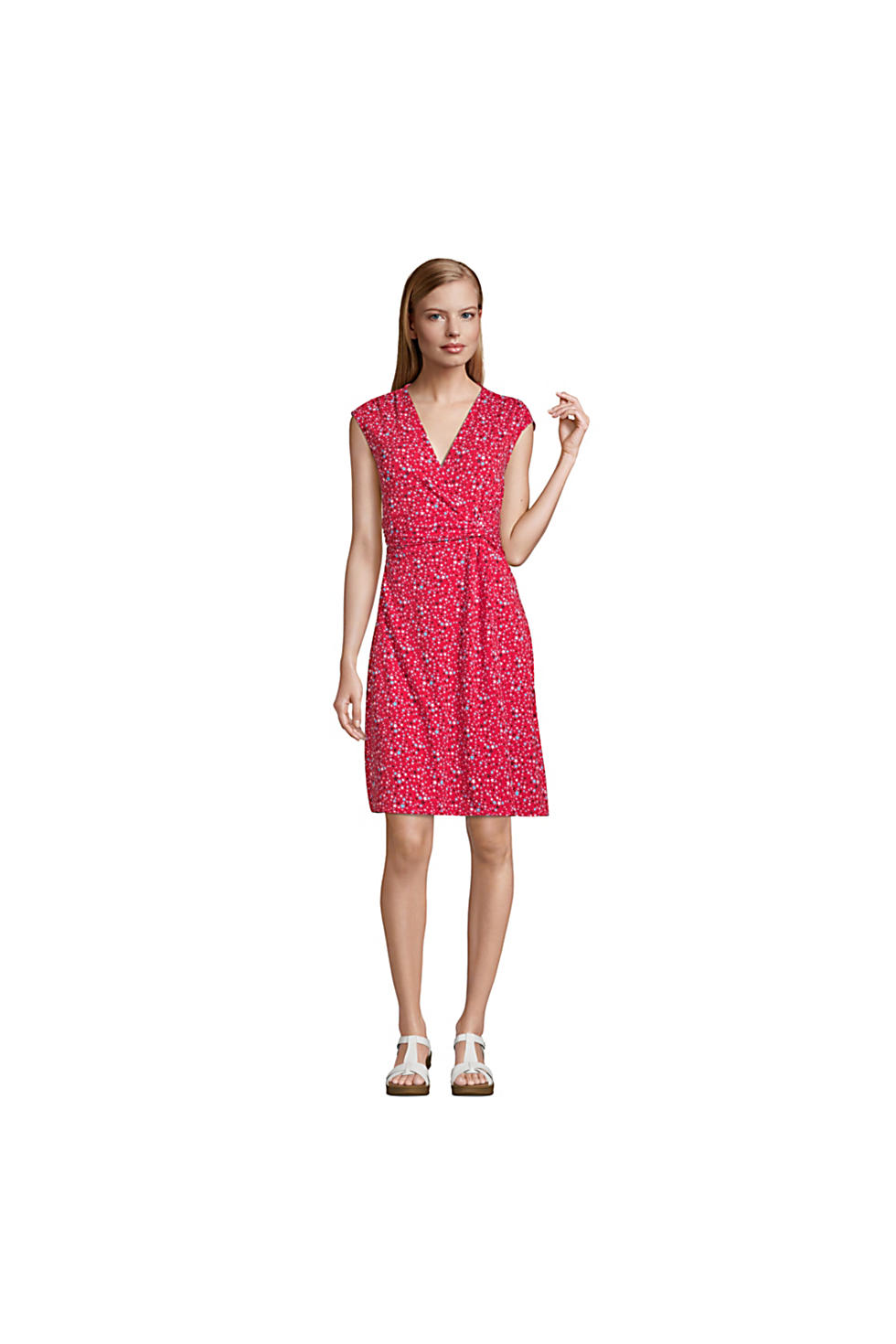 Lands End Women's Cotton Modal Jersey Surplice Fit and Flare Dress ( Compass Red Multi Stars)