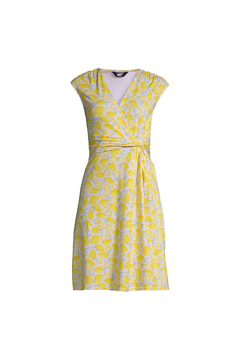Lands End Women's Cotton Modal Jersey Surplice Fit and Flare Dress (Bright Sun Yellow Lemon Check)