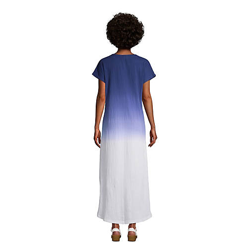 Women's Crinkle Knit Short Sleeve High Low Midi Dress - White/Navy Dip Dye - Secondary