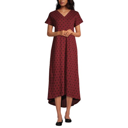 Women's Crinkle Knit Cotton Short Sleeve High Low Midi Dress