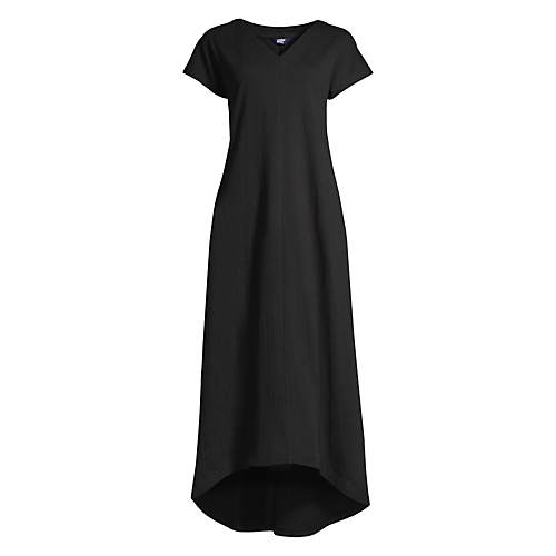 Women's Crinkle Knit Short Sleeve High Low Midi Dress - Black - Secondary