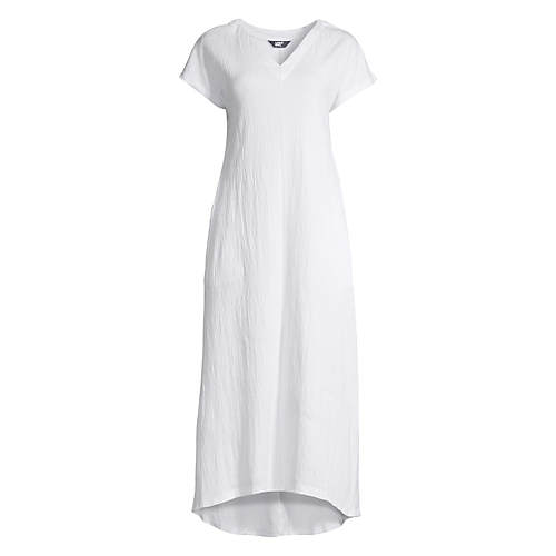 Women's Crinkle Knit Short Sleeve High Low Midi Dress - White - Secondary