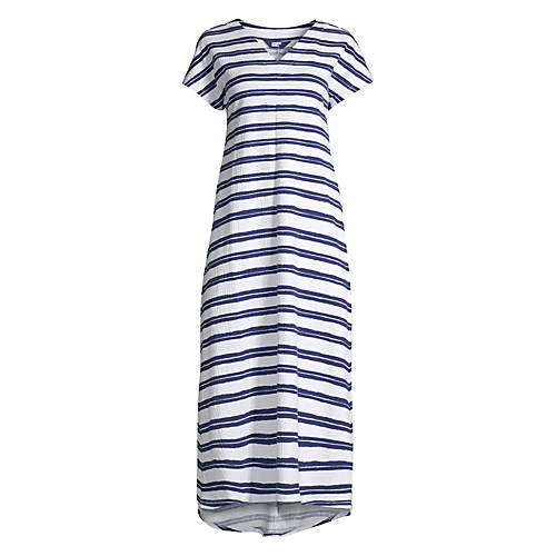 Women's Crinkle Knit Short Sleeve High Low Midi Dress - White Stripe - Secondary
