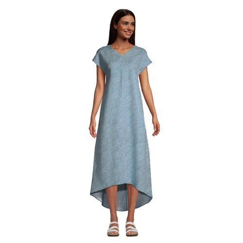 Women's Pure Linen Short Sleeve High Low Midi Dress