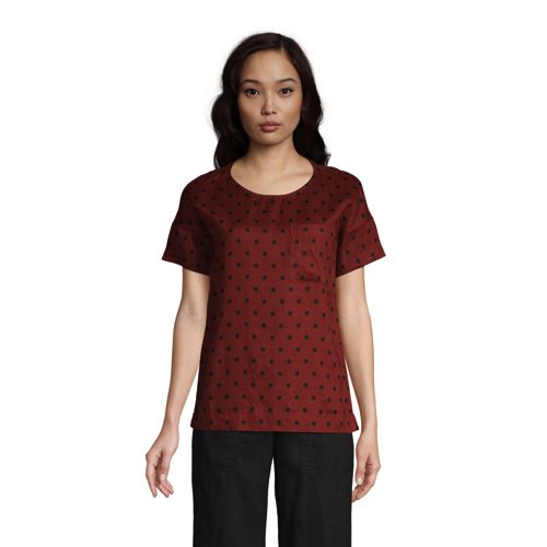 Pure Linen Short Sleeve Pocket T-Shirt, Women, Size: 10-12 Regular, Red, by Lands’ End