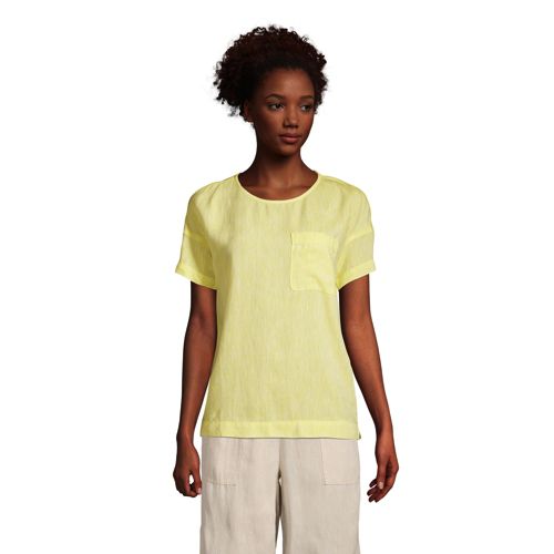 Pure Linen Short Sleeve Pocket T-Shirt, Women, Size: 8 Regular, Yellow, by Lands’ End