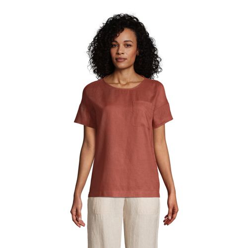 Pure Linen Short Sleeve Pocket T-Shirt, Women, Size: 16-18 Regular, Orange, by Lands’ End