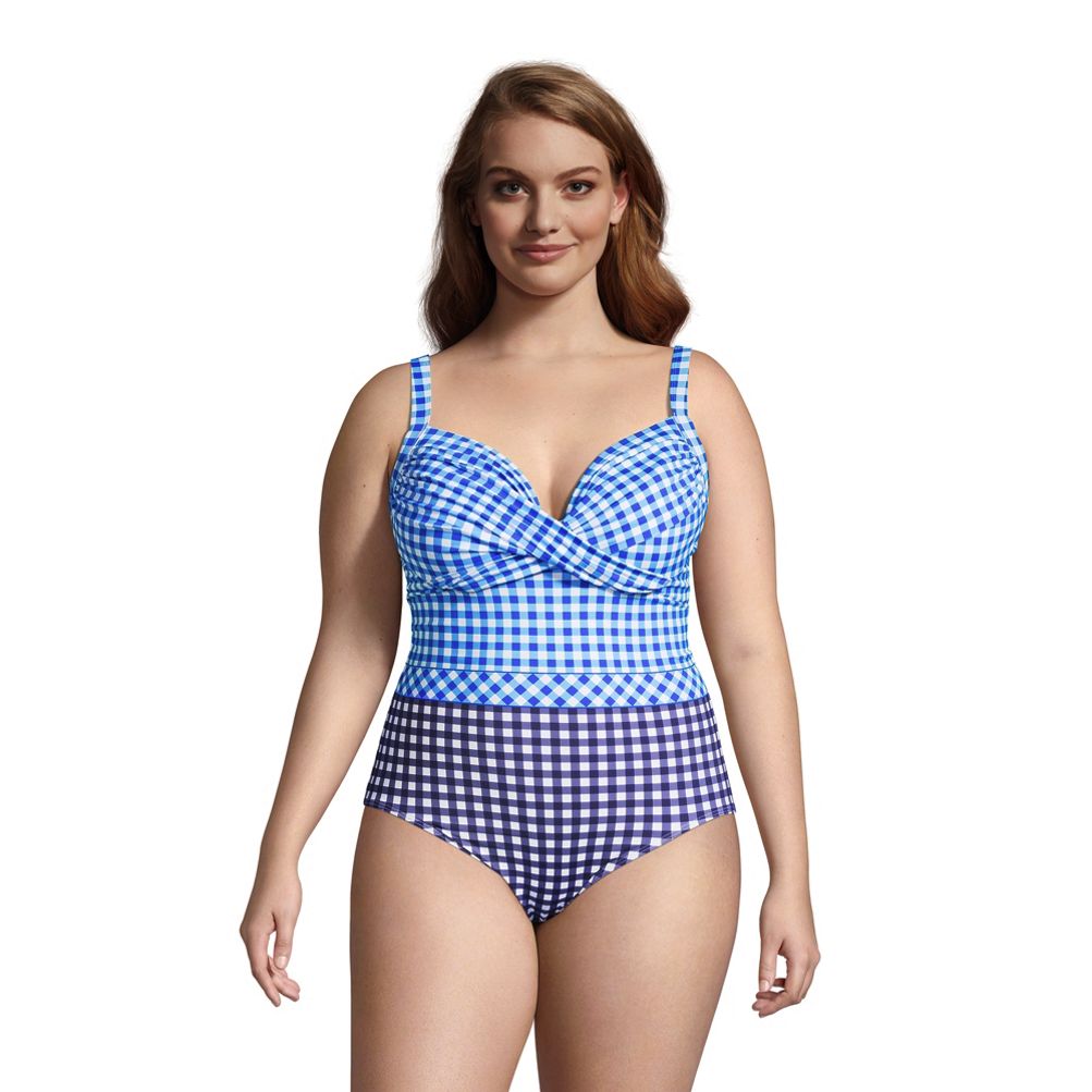 Lands' End Women's Plus Size SlenderSuit Grecian Tummy Control Chlorine  Resistant One Piece Swimsuit - 16W - Navy/Emerald Palm Foliage