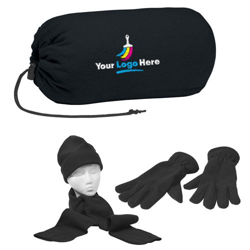 Keep Warm Fleece Hat Gloves and Scarf Set in a Custom Embroidered Bag