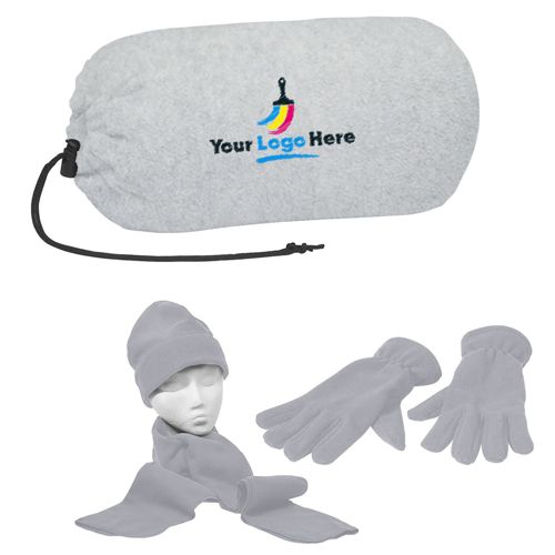 Keep Warm Fleece Hat Gloves and Scarf Set in a Custom Embroidered Bag