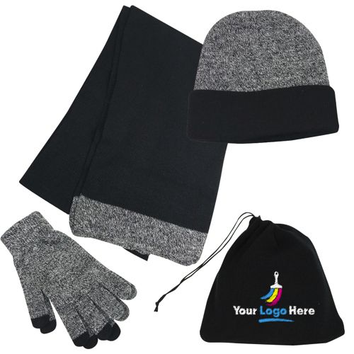 Winter Hat Gloves and Scarf Set in a Custom Embroidered Bag