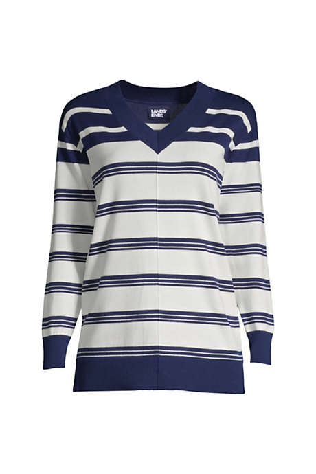 Women's Fine Gauge Cotton V-Neck Pullover Tunic Sweater - Stripe