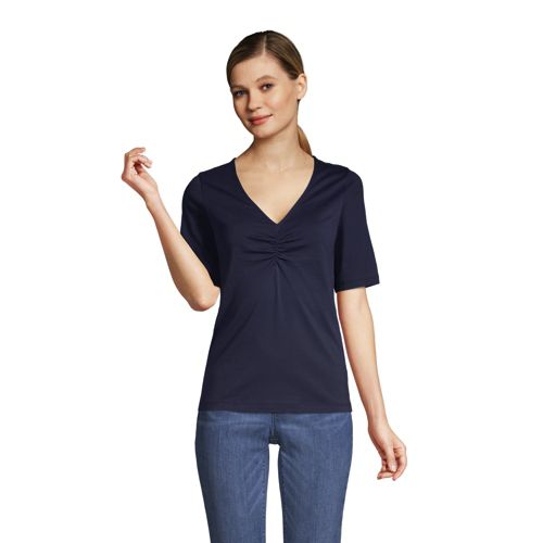 T-Shirt en Coton Supima et Col V Froncé Manches aux Coudes, Femme Stature Standard