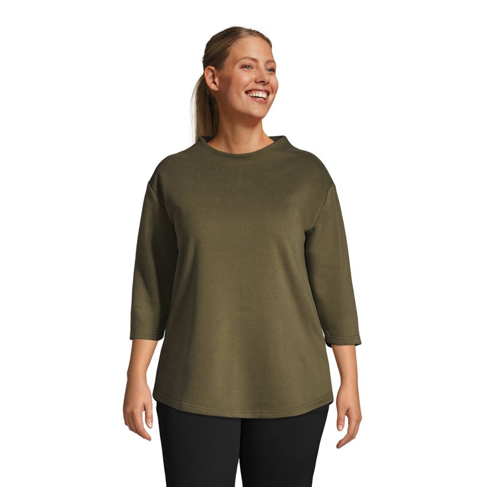Women's Plus Size Serious Sweats 3/4 Sleeve Funnel Neck Top