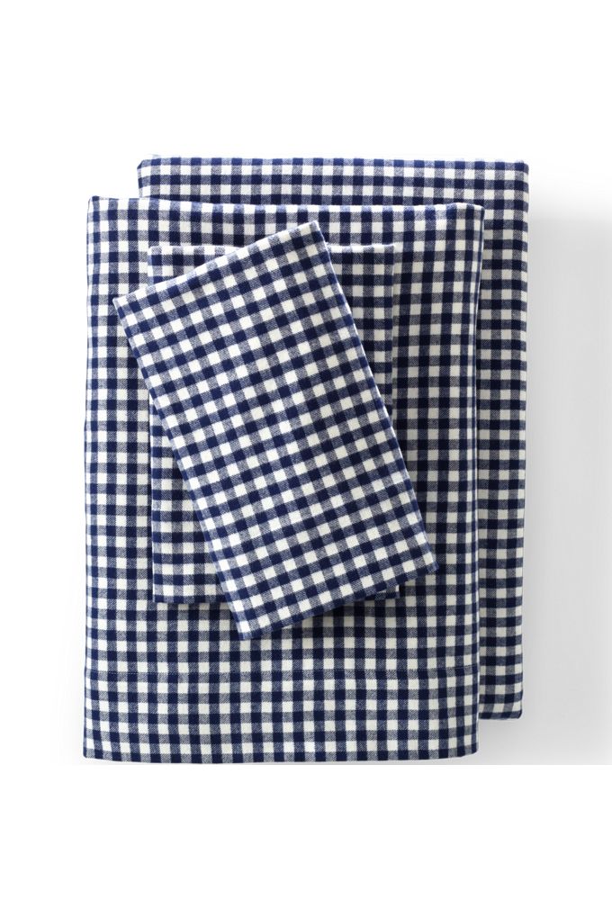 Lands' End Comfy Super Soft Cotton Flannel Plaid Bed Sheet Set - 5oz In Blue
