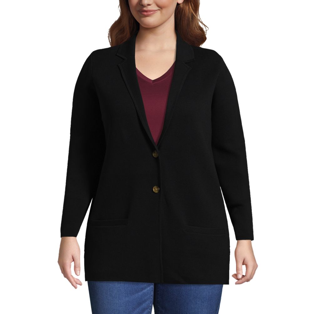 Women's Plus Size Fine Gauge Cotton Button Front Blazer Sweater