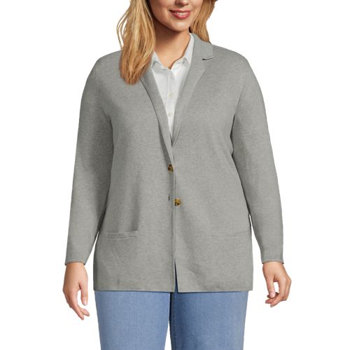 Women's Plus Size Fine Gauge Cotton Button Front Blazer Sweater