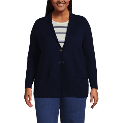 Women's Plus Size Fine Gauge Cotton Button Front Blazer Sweater - image 1