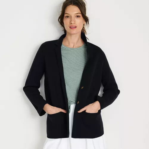 Women's Fine Gauge Cotton Button Front Blazer Sweater, alternative image