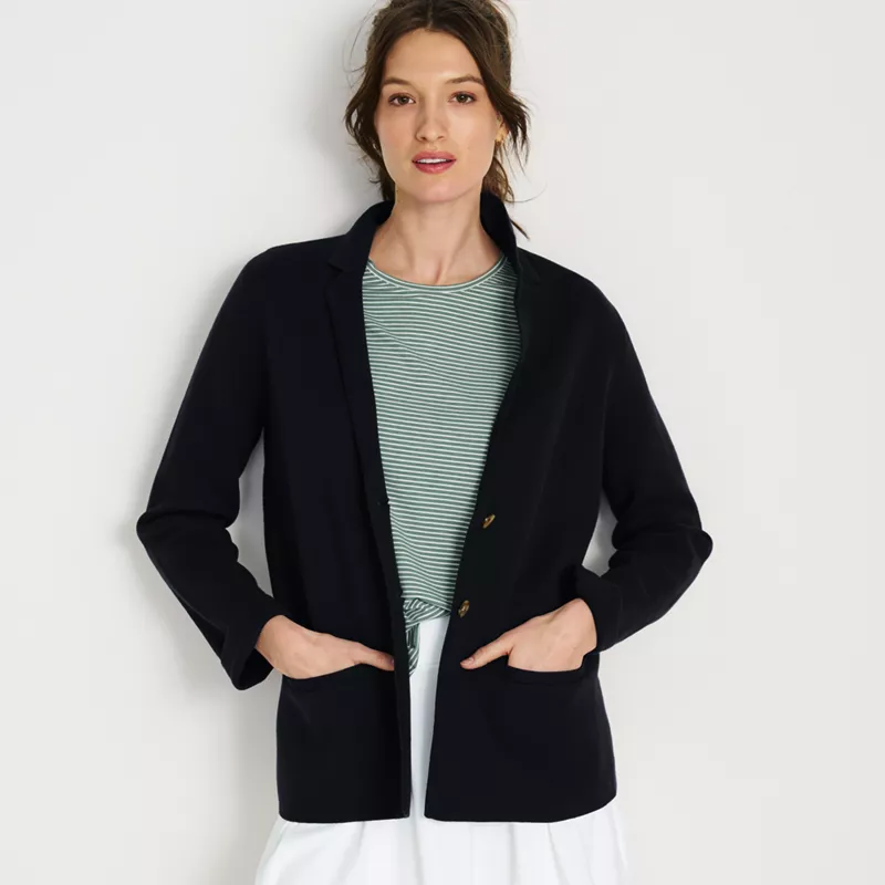 Women's Fine Gauge Cotton Button Front Blazer Sweater, alternative image