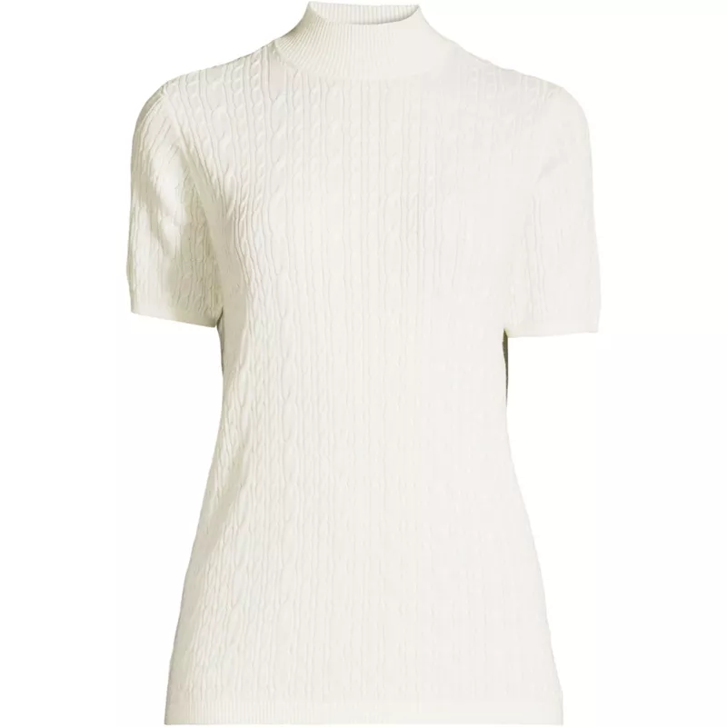 Women's Short Sleeve Mock Neck Cable Sweater, Front