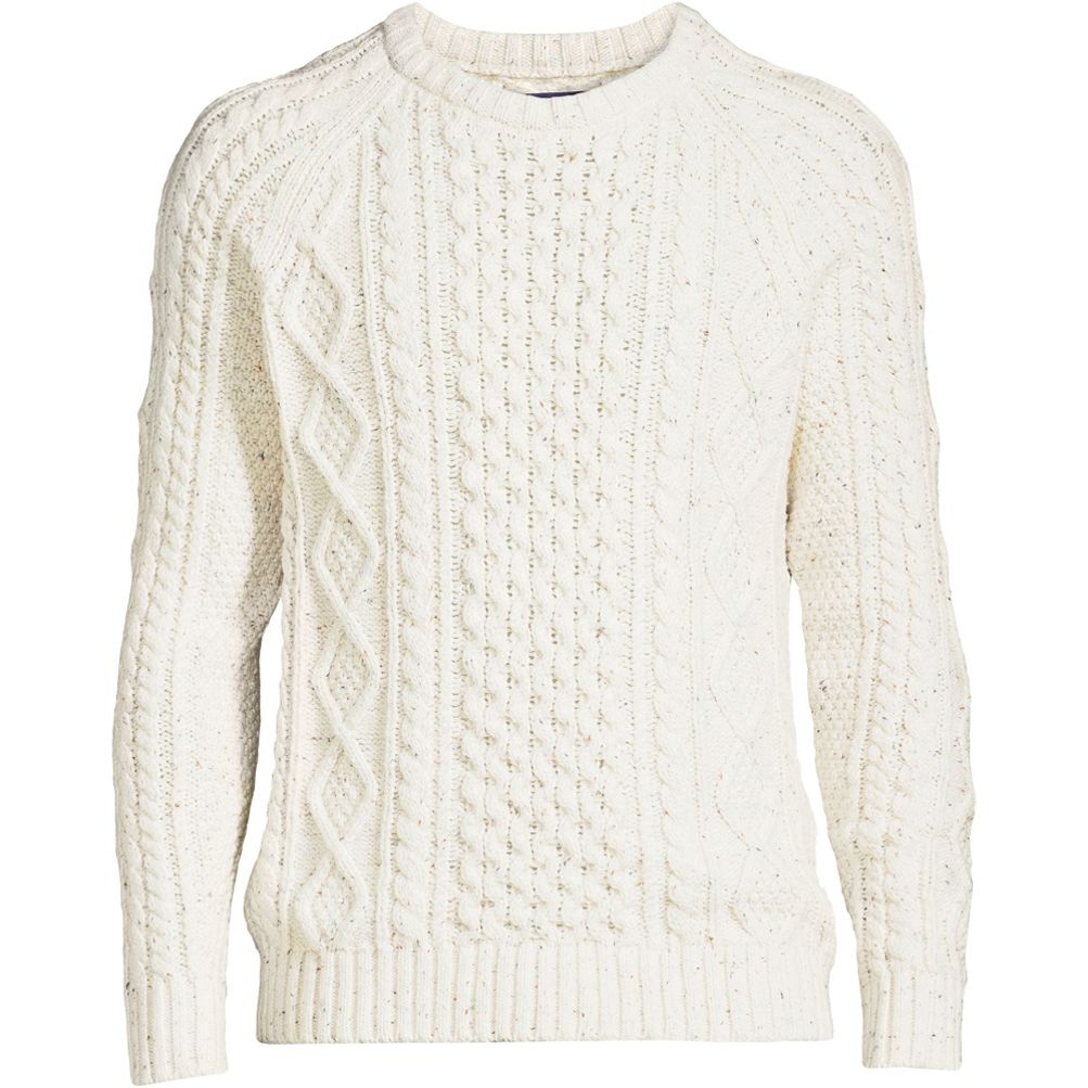 90s LANDS’ END Aran Fisherman’s Sweater Vintage Aran Crafts Fisherman Sweater with Visible Mending L
