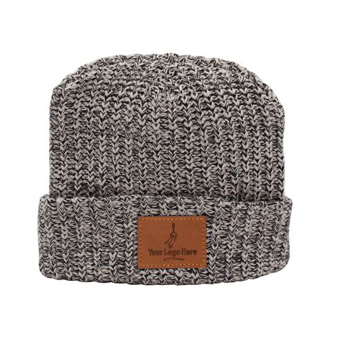 Milliner Cuffed Knit Beanie Winter Hat with Custom Logo Leather Patch