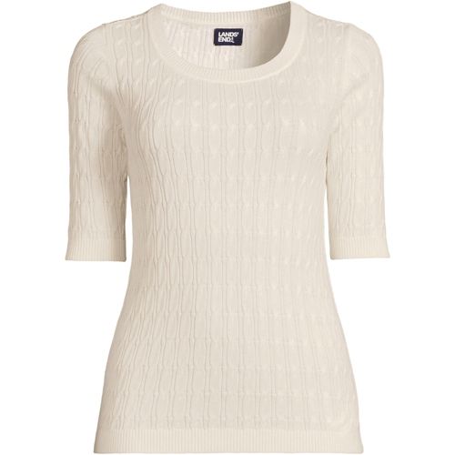 Women's Cotton Modal Half Sleeve Scoop Cable Pullover Sweater