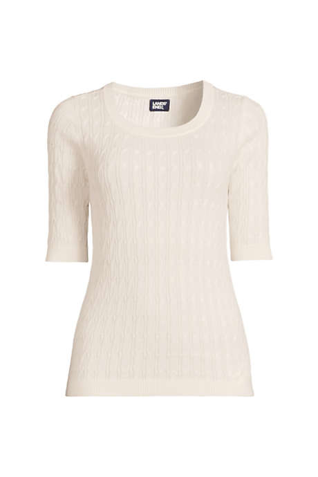 Women's Cotton Modal Half Sleeve Scoop Cable Pullover Sweater