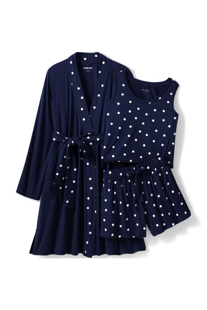 Lands' End Women's Plus Size Cooling 3 Piece Pajama Set - Robe Tank And Shorts In Blue