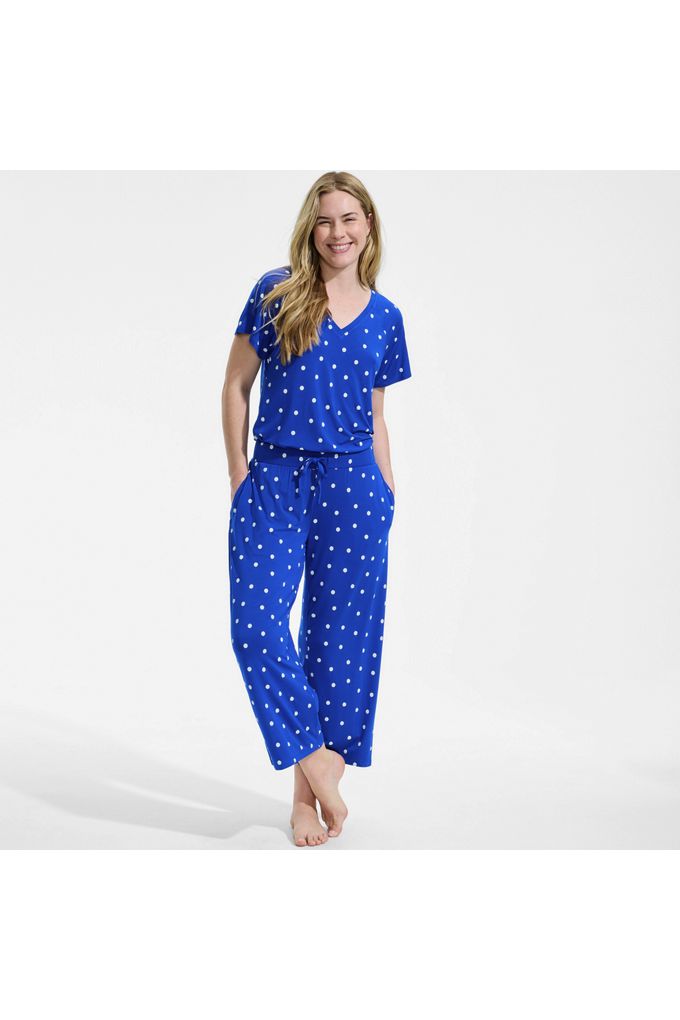Lands' End Women's Petite Cooling Pajama Set - Short Sleeve Top And Crop Pants In Blue