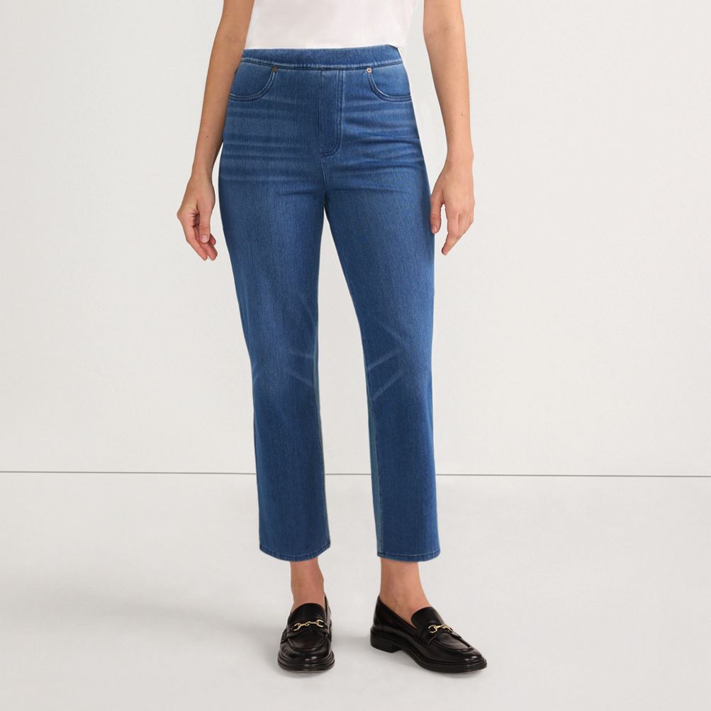【PORTERNA】Humming Light Crop Straight Jeans EZAPINE Womens Cropped Jeans Faux Feather Trim Straight Leg