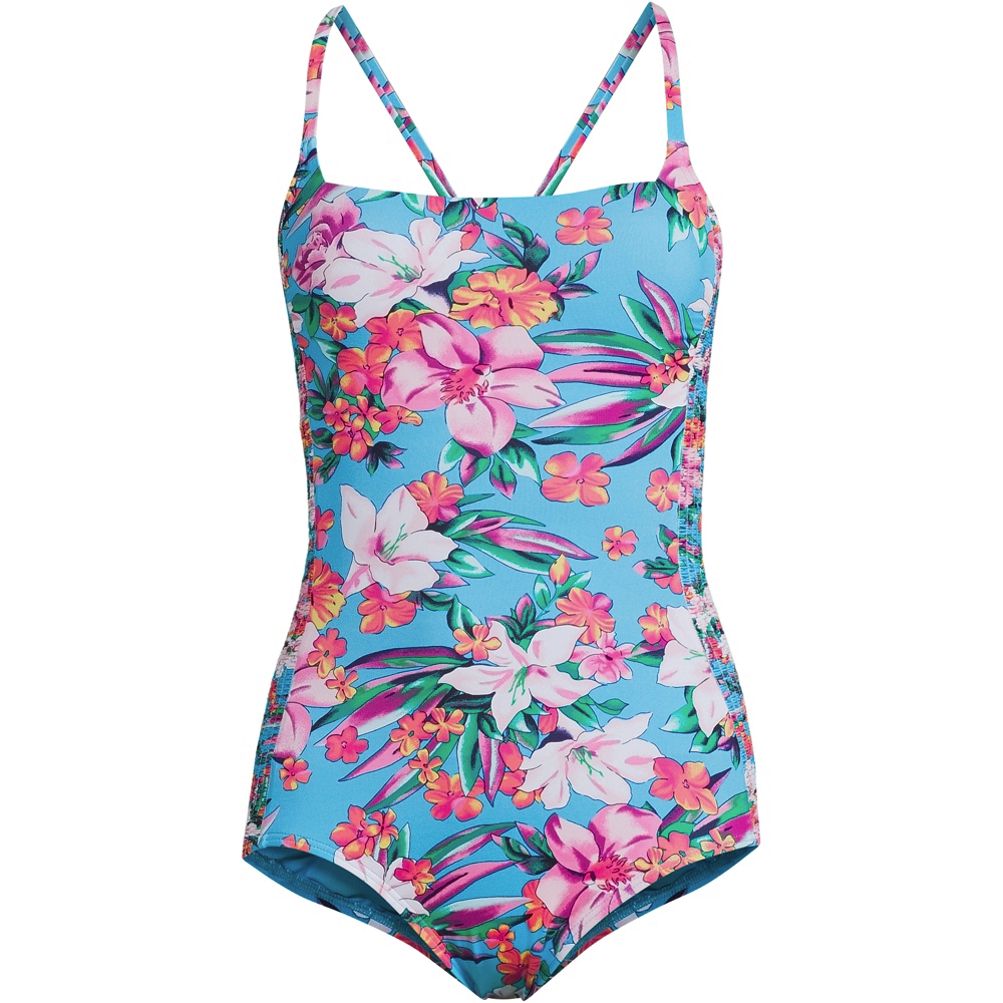Women's Chlorine Resistant Smocked Square Neck One Piece Swimsuit with  Adjustable Straps