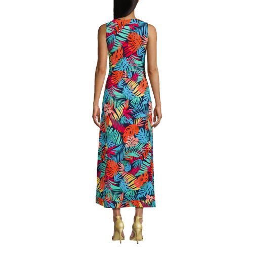 Women's Light Weight Cotton Modal Sleeveless Surplice Maxi Dress - Deep Sea Navy/Multi Palm - Secondary