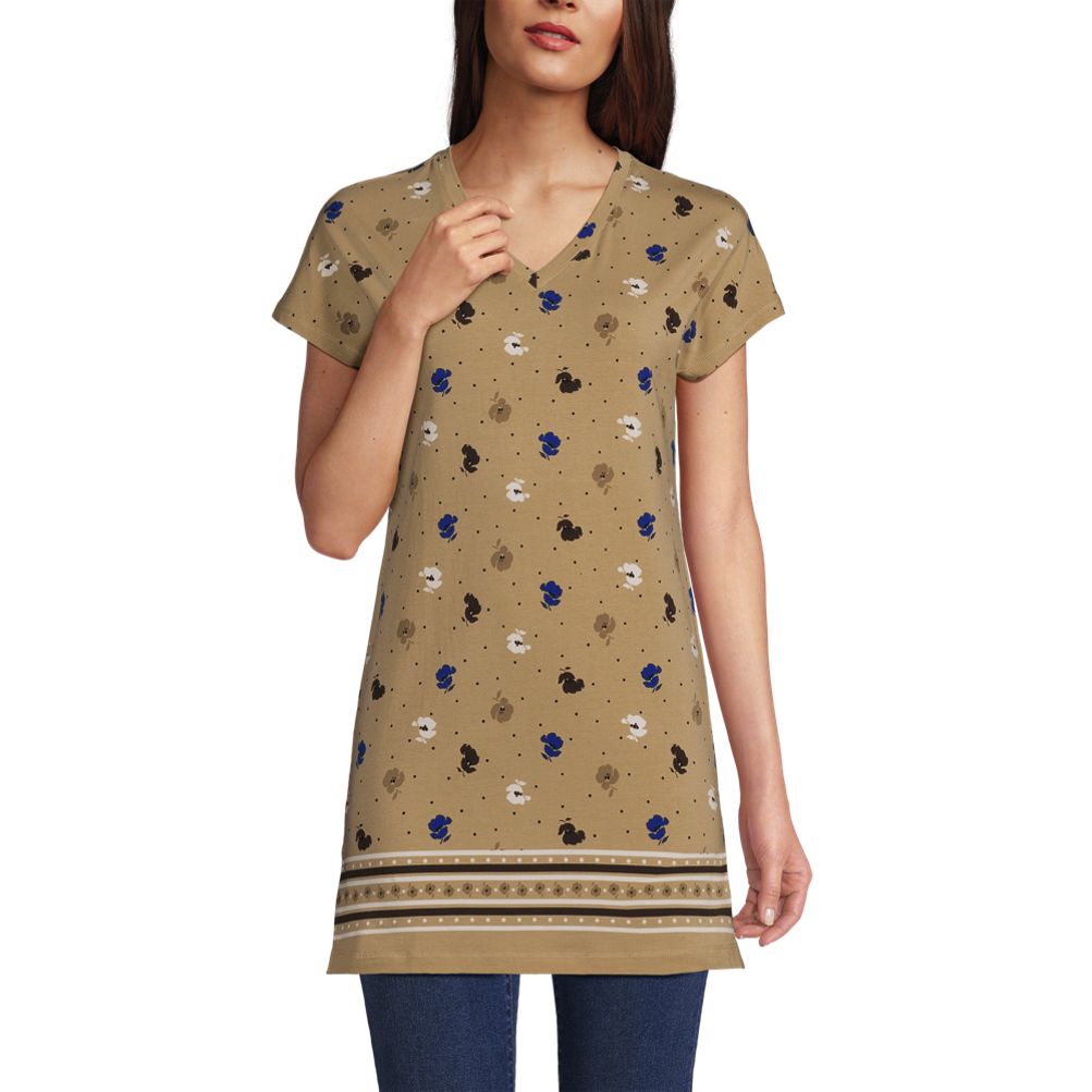 売れ筋商品|||ランズエンド カットソー トップス レディース Plus Size Lightweight Jersey Blouson Vneck Tank Bark/vanilla etched leaves Women's Lightweight Jersey Extra Long Tunic | Lands' End