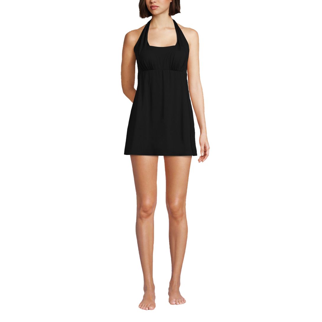 Women's Chlorine Resistant Square Neck Halter Swim Dress One Piece Swimsuit