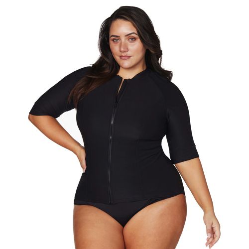 Chlorine Resistant Aquamore Solid Long Sleeve Zipper Plus Size Rashguard, Rashguard