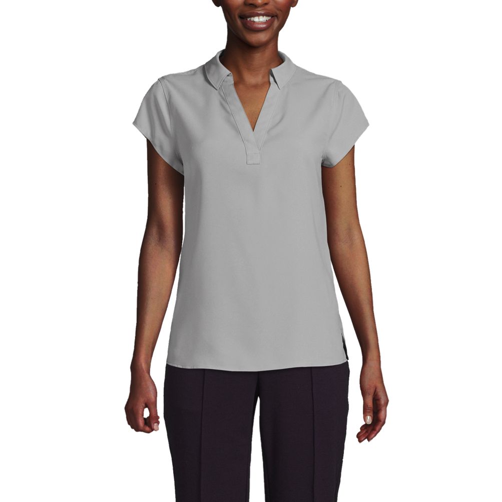 【2plan】Land Semi-Crop Over Short Sleeve Women's Short Sleeve Split Neck Crepe Blouse | Lands' End